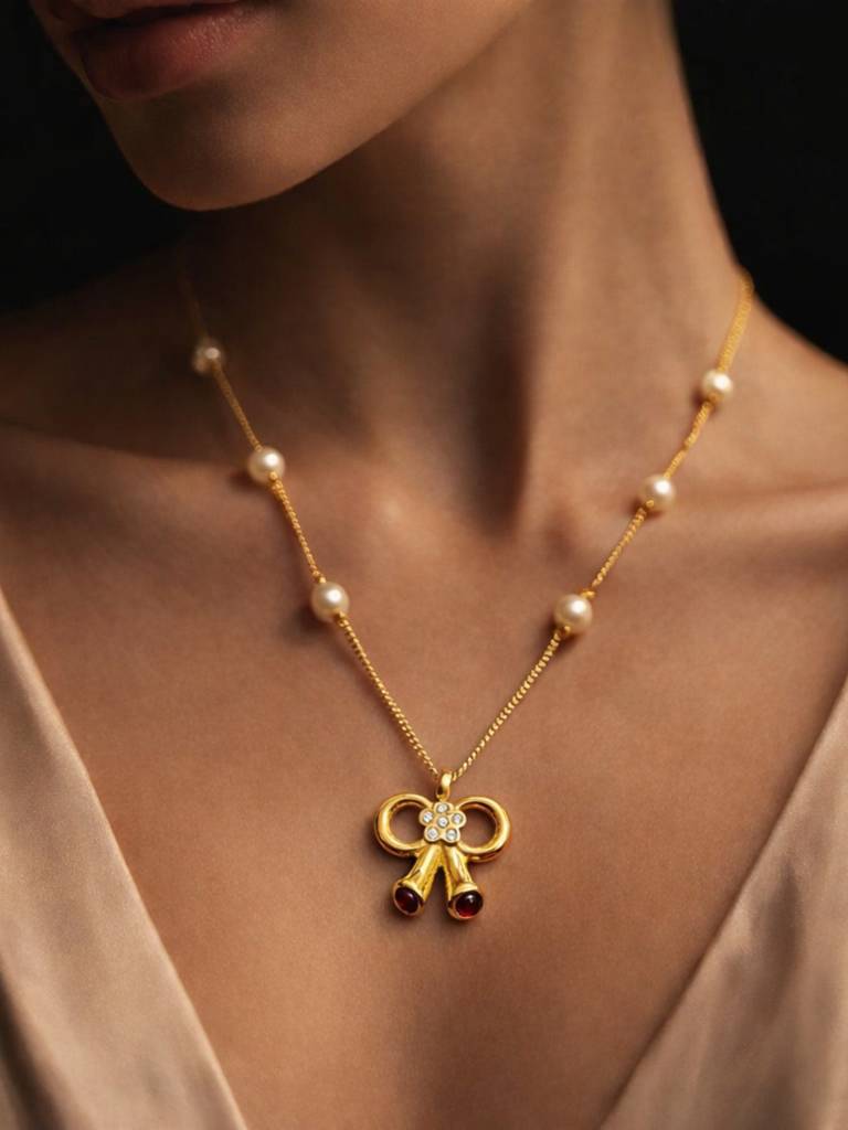 Bow Pearl Gold Necklace | Anti-Tarnish Everyday Chain : S925C732BPC