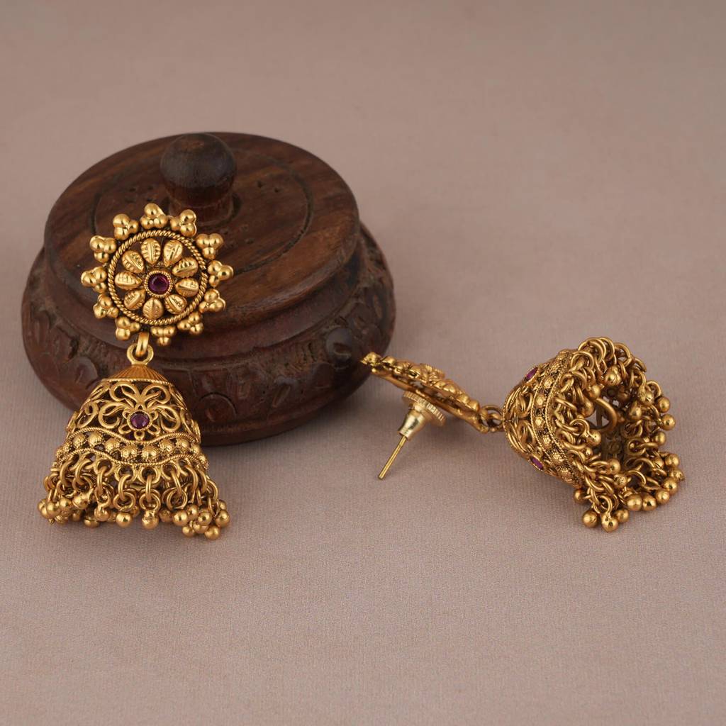 Stunning Antique Gold Finish Long Floral Ruby Stone Necklace Set With Jhumka Earring : SJ023