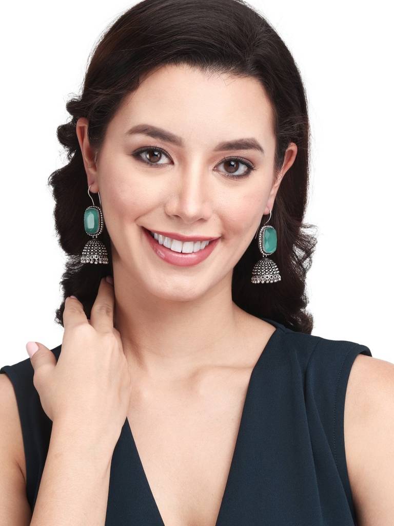 Oxidised Silver Cabochon Jhumka Drops : F23MHER014MNT