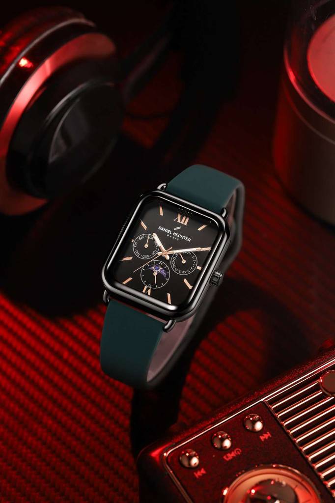 Daniel Hechter Paris Montmartre Unisex Multifunction Square Watch Â Black Dial With Day-Date & 24-Hour Subdial : DHU-1001-04