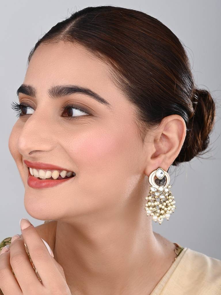 Gold-Plated Meenakari Stud Earrings With Kundan & Pearl Cluster Drops : S24FAER408WHT