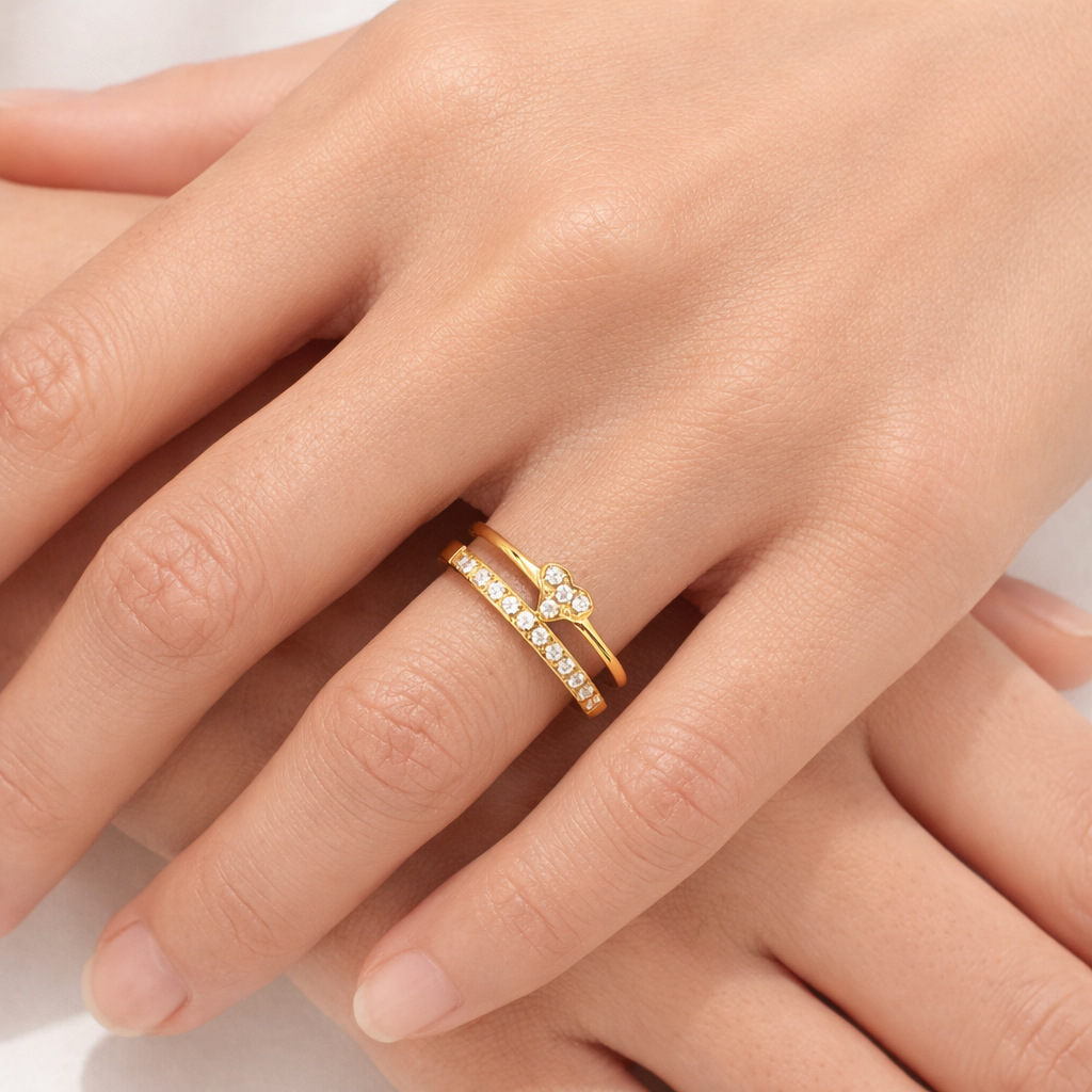 Gold Plated Crystal Floral Double Band Ring For Women | Elegant Statement Ring : 1006891