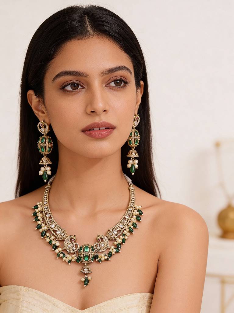 Antique Gold Plated Green Emerald Ad  & Kundan Studded Temple Peacock Motif  Choker Jewellery Set : SJNK2971