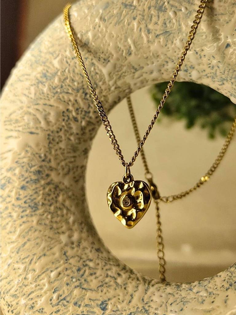 18K Gold Heart Charm Necklace With Cz | Anti Tarnish Chain : ATC240HSC