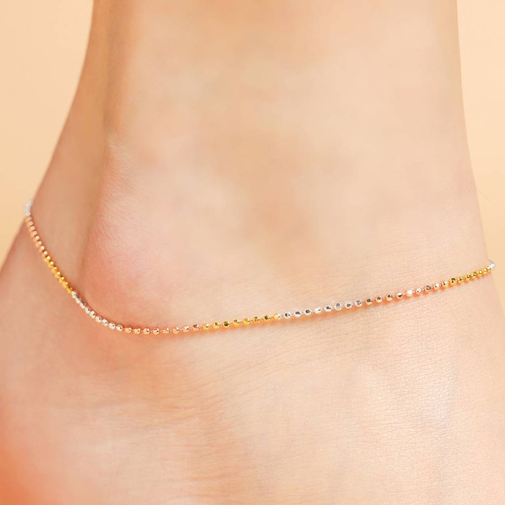 Elegant Triple Tone 925 Sterling Silver Beaded Chain Anklet : ANK-60164-PAIR