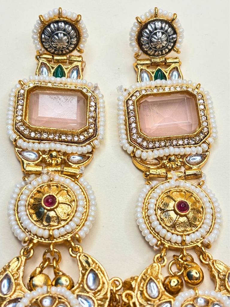 Gold-Plated Kundan And Stone Long Chandbali Jhumka Earrings : VI26EROX100344