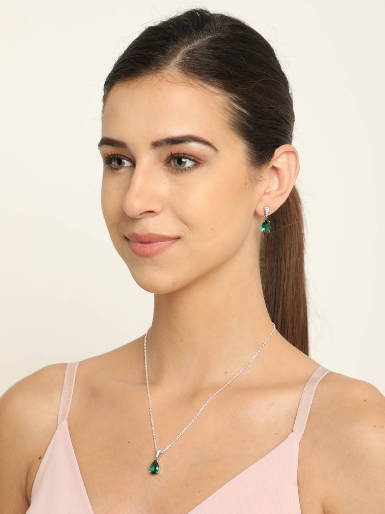 92.5 Sterling Silver Rhodium Plated Swiss Zirconia Dark Green Tear Drop Pendant Earring Chain Jewellery Set G : CSCLRP4E4PR_EM