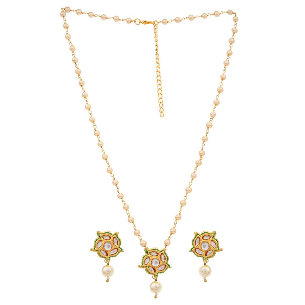 22Kt Gold-Plated Floral Kundan Pearl Chain Necklace Set : PE14009