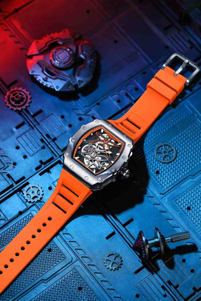 Giordano Analog Skeleton Dial Watch For Men Â Tonneau Case, Silicone Strap, Open-Gear Sport Design, Quartz Mov : GZ-50188-55