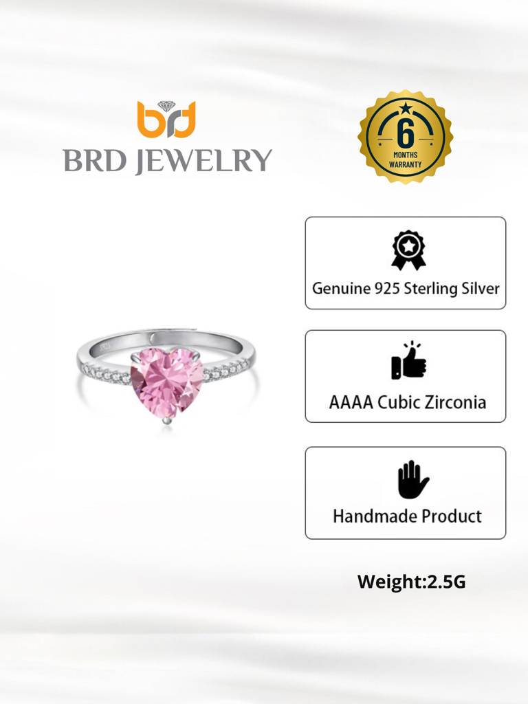 925 Sterling Silver Pink Stone Heart Ring I Solitaire Finger Ring I Adjustable Silver Ring : B0DF5HDTRP