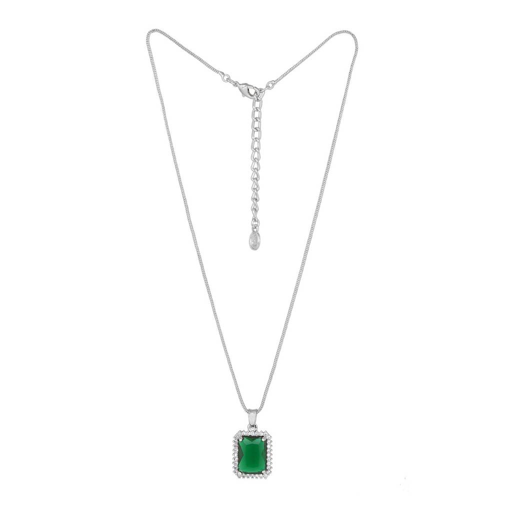 Estele Rhodium Plated Cz Square Designer Pendant Set With Emerald Stone For Women