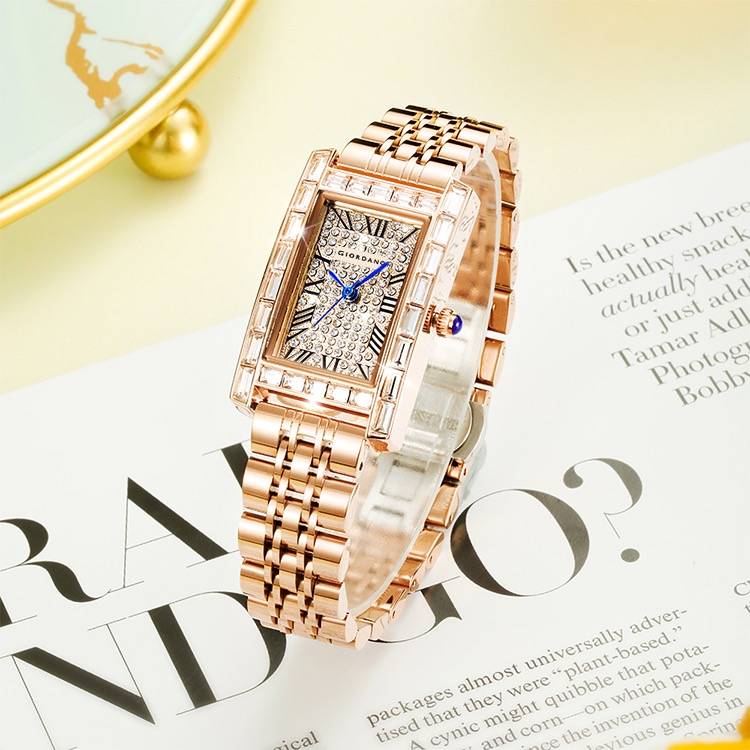 Giordano Rectangular Dress Watch For Women With Crystal Bezel, Roman Indiced And Sparkling Dial : GZ-60119-33