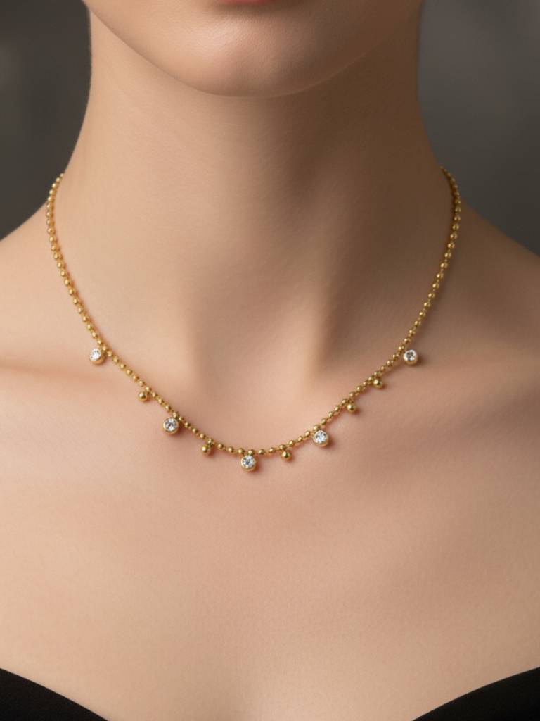 Anti-Tarnish White Stone Beaded Chain | 18K Gold Cz Jewelry : ATC649WSBN