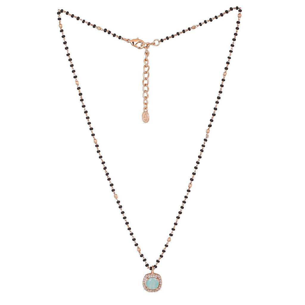 Estele Rose Gold Plated Cz Sparkling Mangalsutra Necklace Set With Mint Green Stone For Women