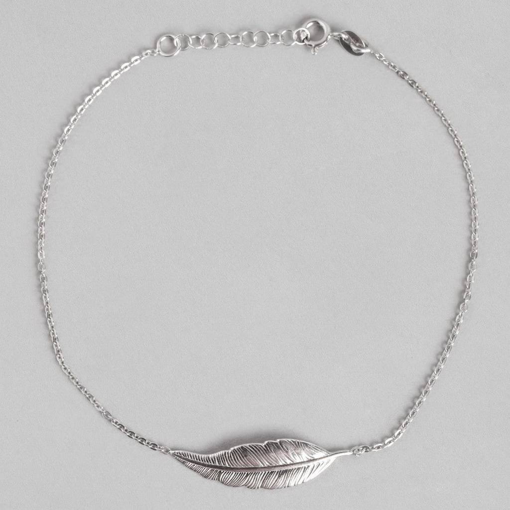 Leafy Rhodium Plated 925 Sterling Silver Link Chained Anklet : ANK-60240-PAIR