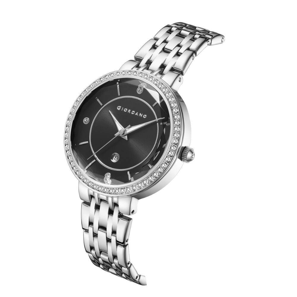 Giordano Stylish Analog Watch For Women – Round Cut Glass Dial,Diamond Studed Bezel, Stainess Steel Strap And Da : GZ-60110-11