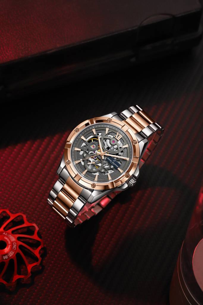 Paris Tech Collection Automatic Skeleton Wrist Watch For Men – Round Dial, Stainless Steel Strap, 21-Jewel Mechan : DHM1060-44