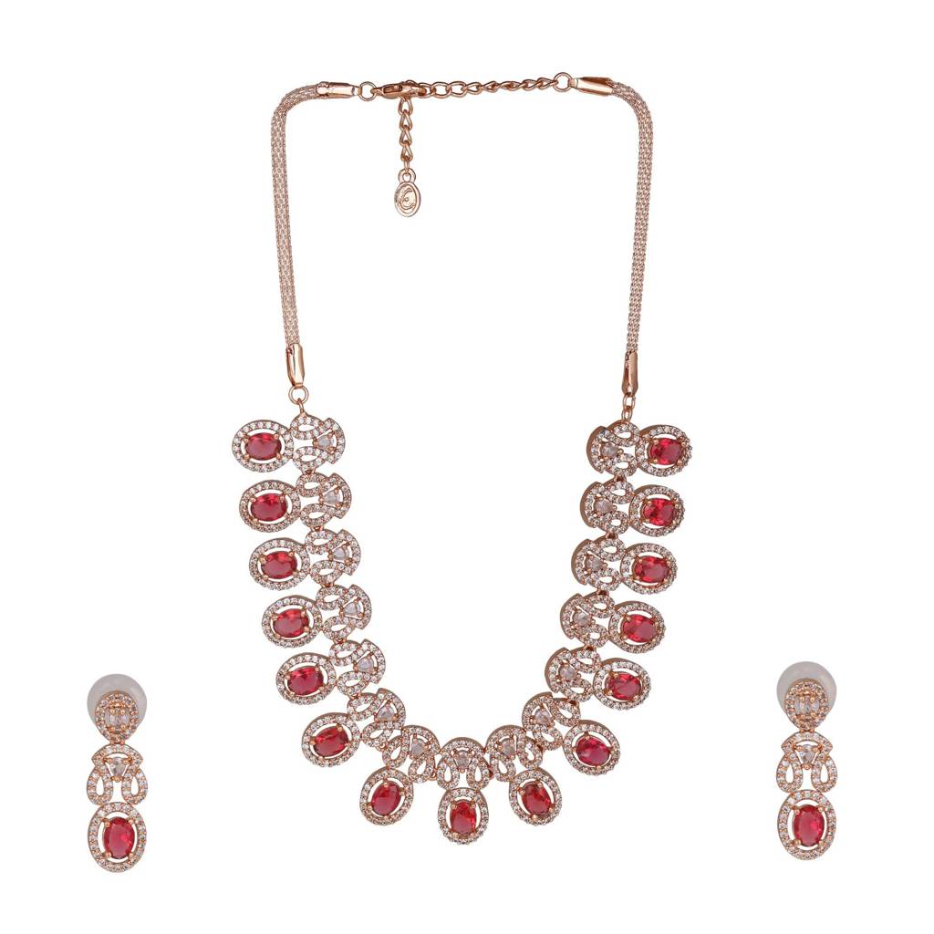 Estele Rose Gold Plated Dazzling Necklace Set With Ruby Stones For Women