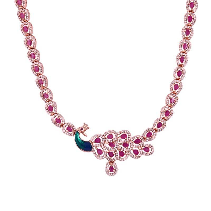 Peacock Accent Cz Sparkle Necklace Set | Rose Gold Plated | Party & Festive Glam : AD-918-RGRBNKER