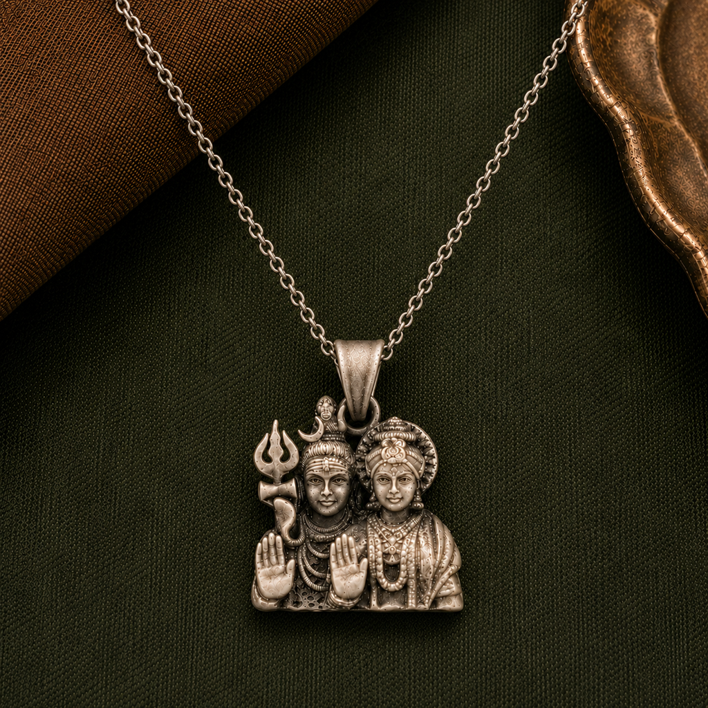 925 Sterling Silver Shiv Shakti Divine Lord Shiva & Goddess Parvati Spiritual Pendant : TWIN152