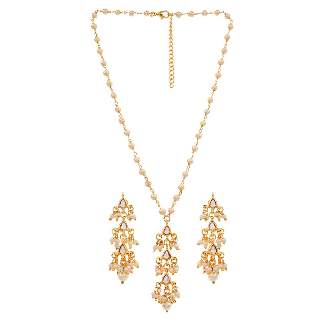 22Kt Gold-Plated Kundan Drops Pearl Chain Necklace Set : PE10024