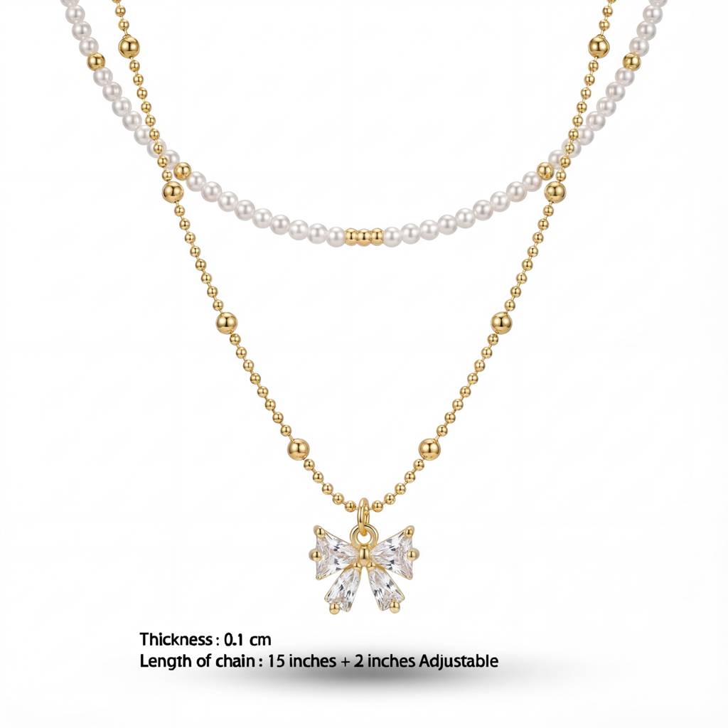 Korean Ethereal Bow & Radiant Gemstone Droplet Necklace : YUFSNL248