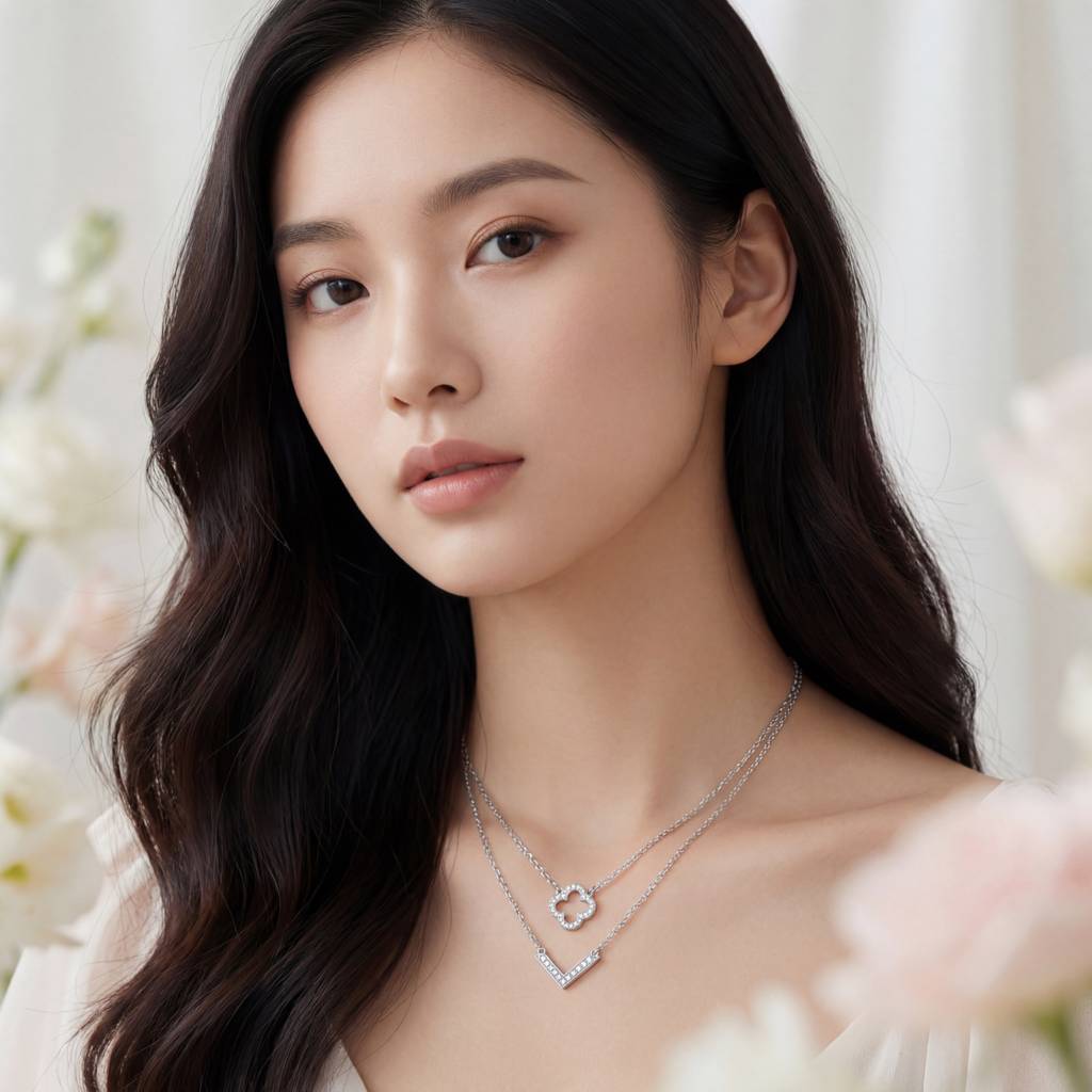 Korean Aura Tiered Clover & Chevron Layered Necklace : YUFSNL235