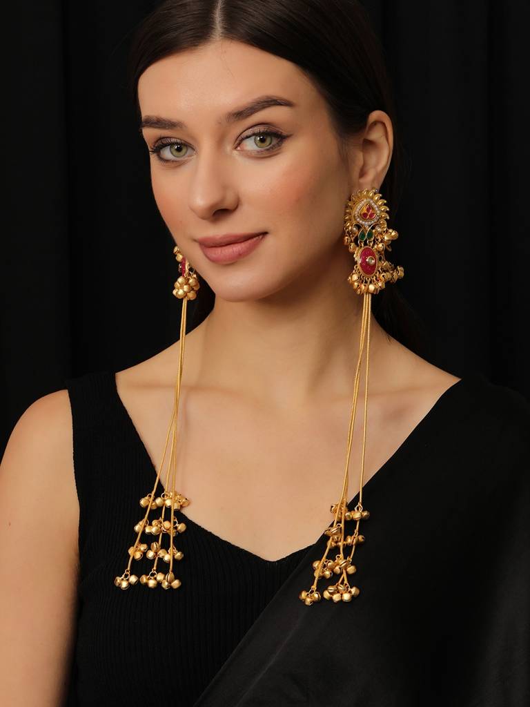 Premium Gold Plated Kundan Stone Studded Kashmiri Ear Chain Drop Earrings : VI25EROX100171