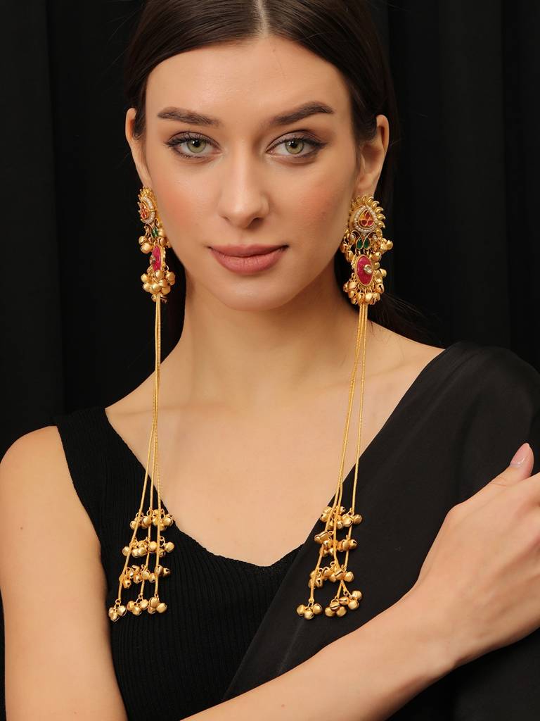Premium Gold Plated Kundan Stone Studded Kashmiri Ear Chain Drop Earrings : VI25EROX100171