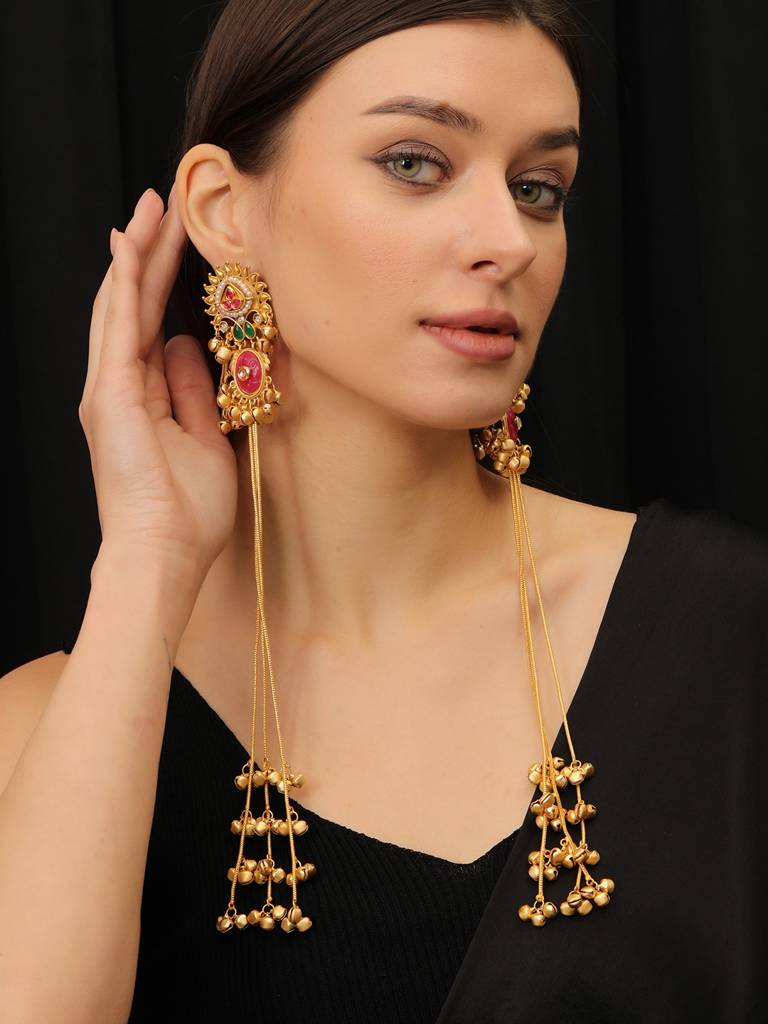 Premium Gold Plated Kundan Stone Studded Kashmiri Ear Chain Drop Earrings : VI25EROX100171