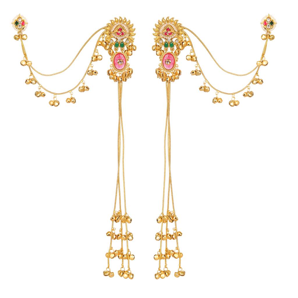 Premium Gold Plated Kundan Stone Studded Kashmiri Ear Chain Drop Earrings : VI25EROX100171