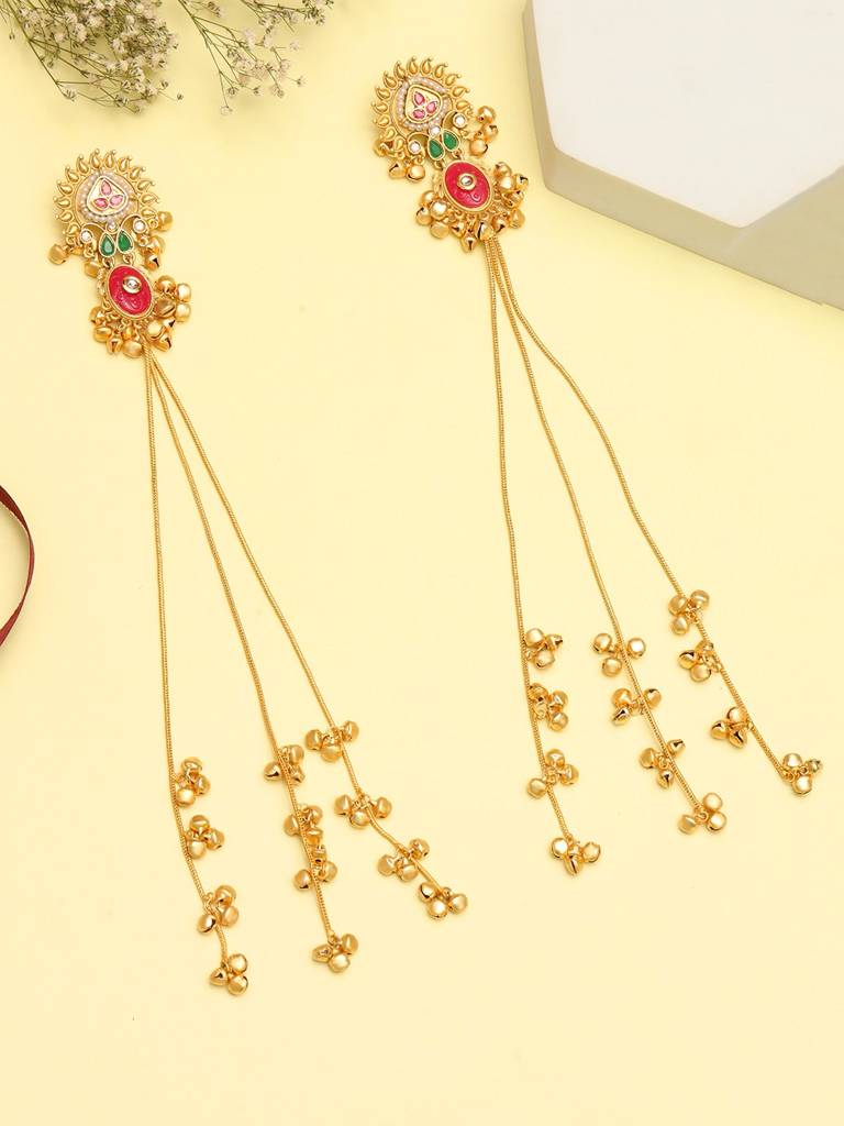 Premium Gold Plated Kundan Stone Studded Kashmiri Ear Chain Drop Earrings : VI25EROX100171