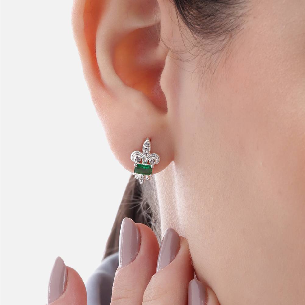 Silver 92.5 Fleur De Lis Green Earring : Silver 92.5 Fleur De Lis Green Earring : Z125SG002N048