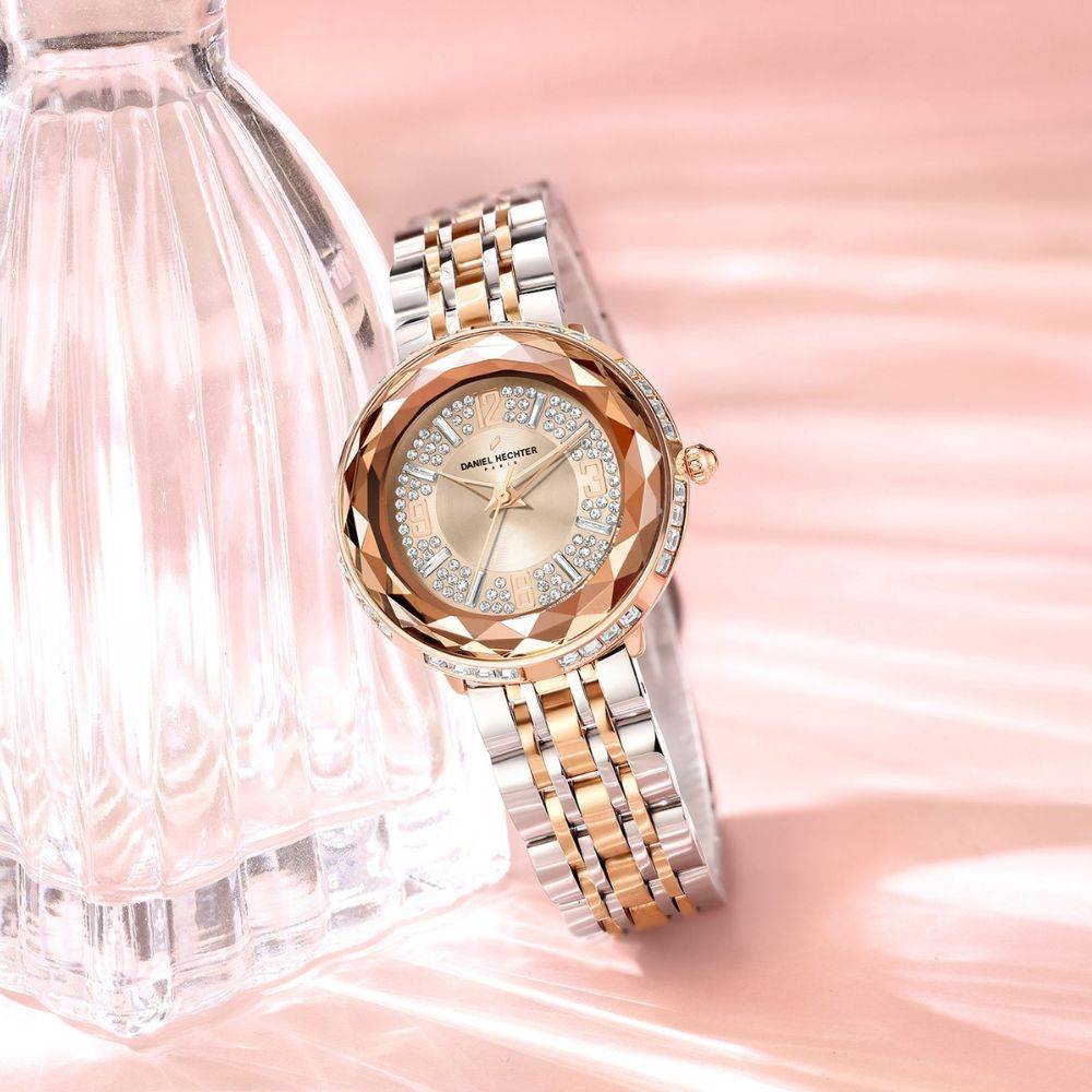 Daniel Hechter Paris Palais-Royal Collection Unique Analoge Watch For Women Withdiamond Cut Glass Dial And Stainl : DHW2003-44