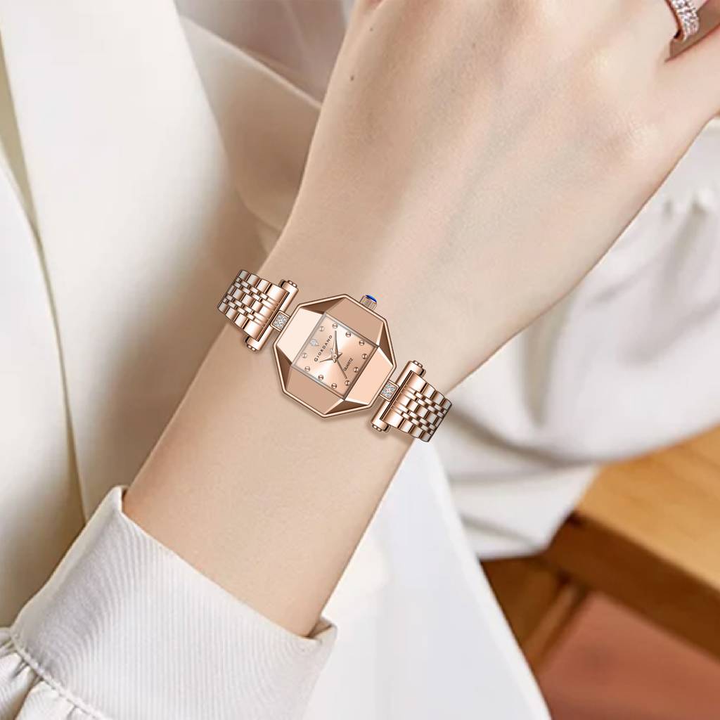 Giordano Dress Watch For Women Â Rose Gold Finish, Diamond Accented Octagonal Dial & Stainless Steel Strap-Gz- : GZ-60096-22