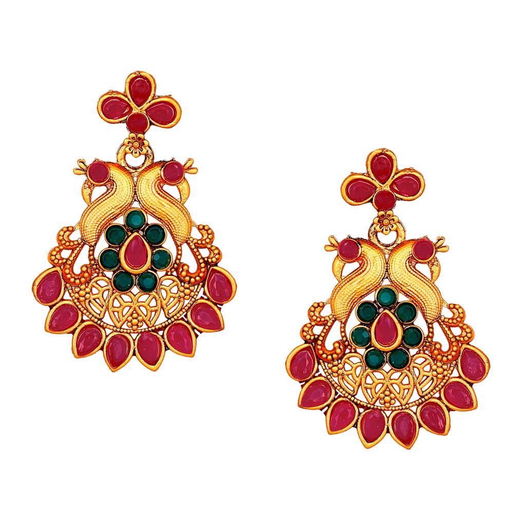 Estele Gold Plated Double Line Peacock Nakshi Temple Necklace Set With Colored Stones & Pearls For Women : OS-J01-SHVNKER