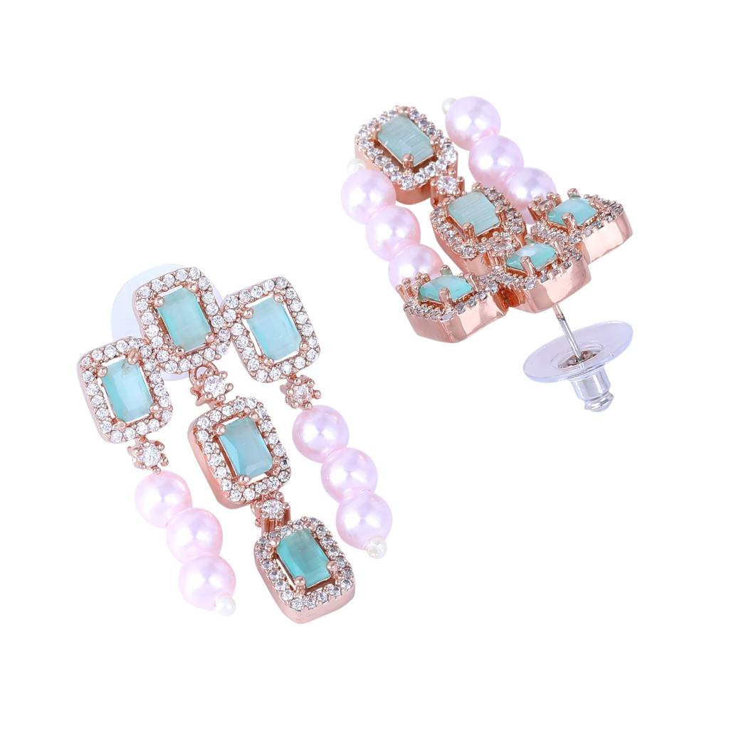 Estele Rose Gold Plated Cz Shimmering Earrings With Mint Green Stones & Pearls For Women : AD-773-RGMGERER