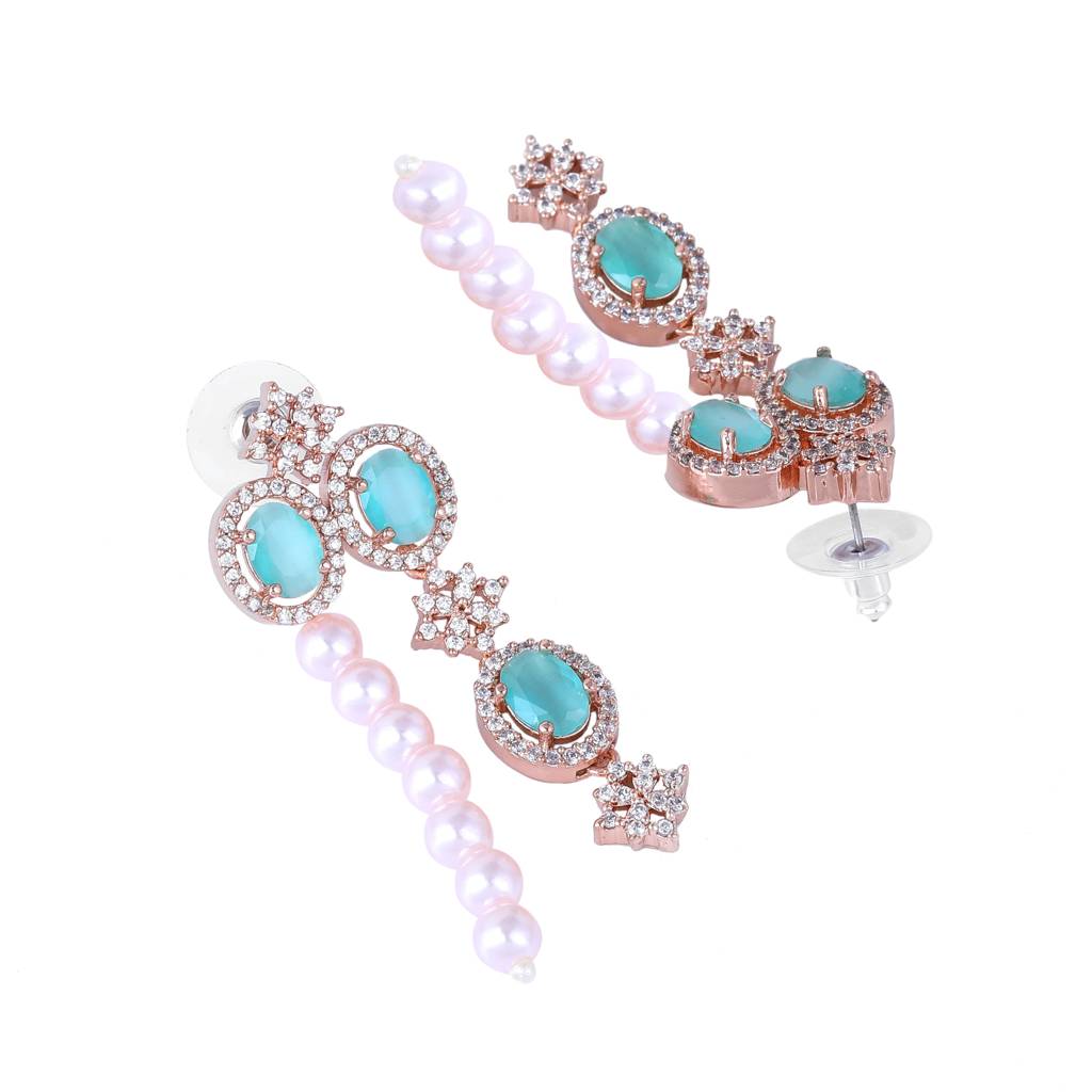 Estele Rose Gold Plated Cz Magnificent Earrings With Mint Green Stones & Pearls For Women : AD-770-RGMGERER