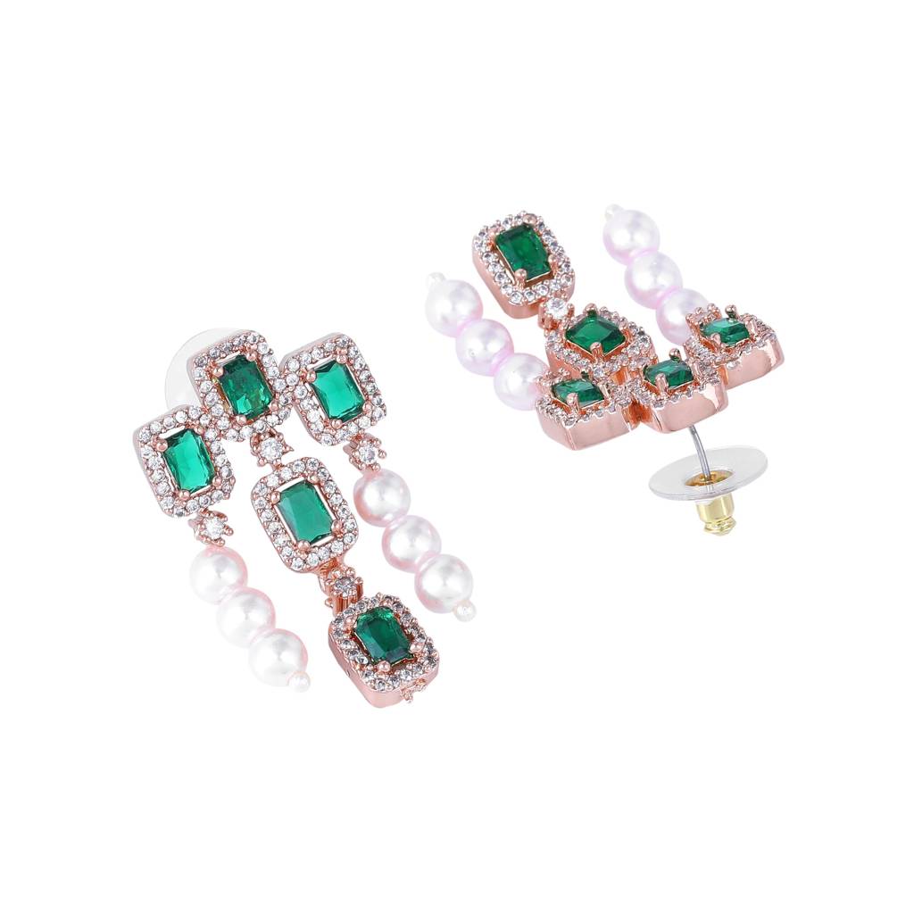 Estele Rose Gold Plated Cz Shimmering Earrings With Green Stones & Pearls For Women : AD-773-RGGNERER