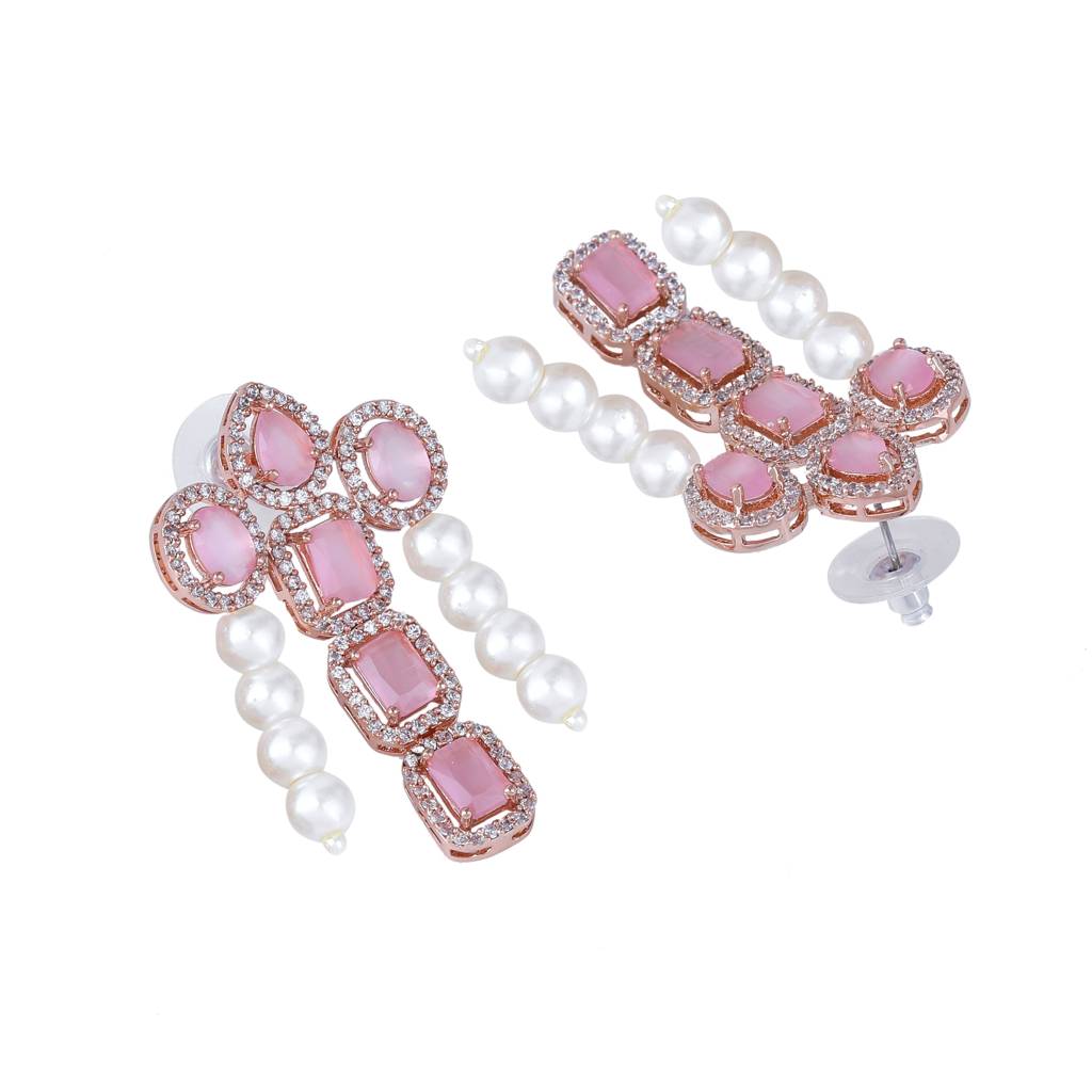 Estele Rose Gold Plated Cz Astonishing Drop Earrings With Mint Pink Stones & Pearls For Women : AD-772-RGMPERER