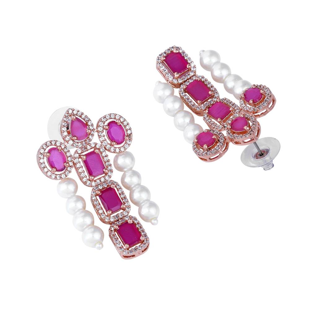 Estele Rose Gold Plated Cz Astonishing Drop Earrings With Ruby Stones & Pearls For Women : AD-772-RGRBERER
