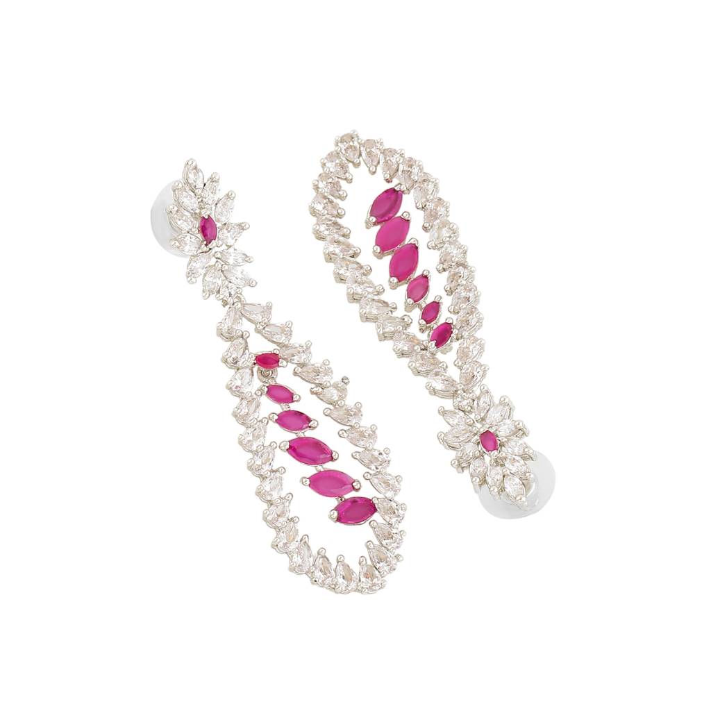 Estele Rhodium Plated Cz Shimmering Drop Designer Earrings With Ruby Stones For Women : AD-114702-IRRBER
