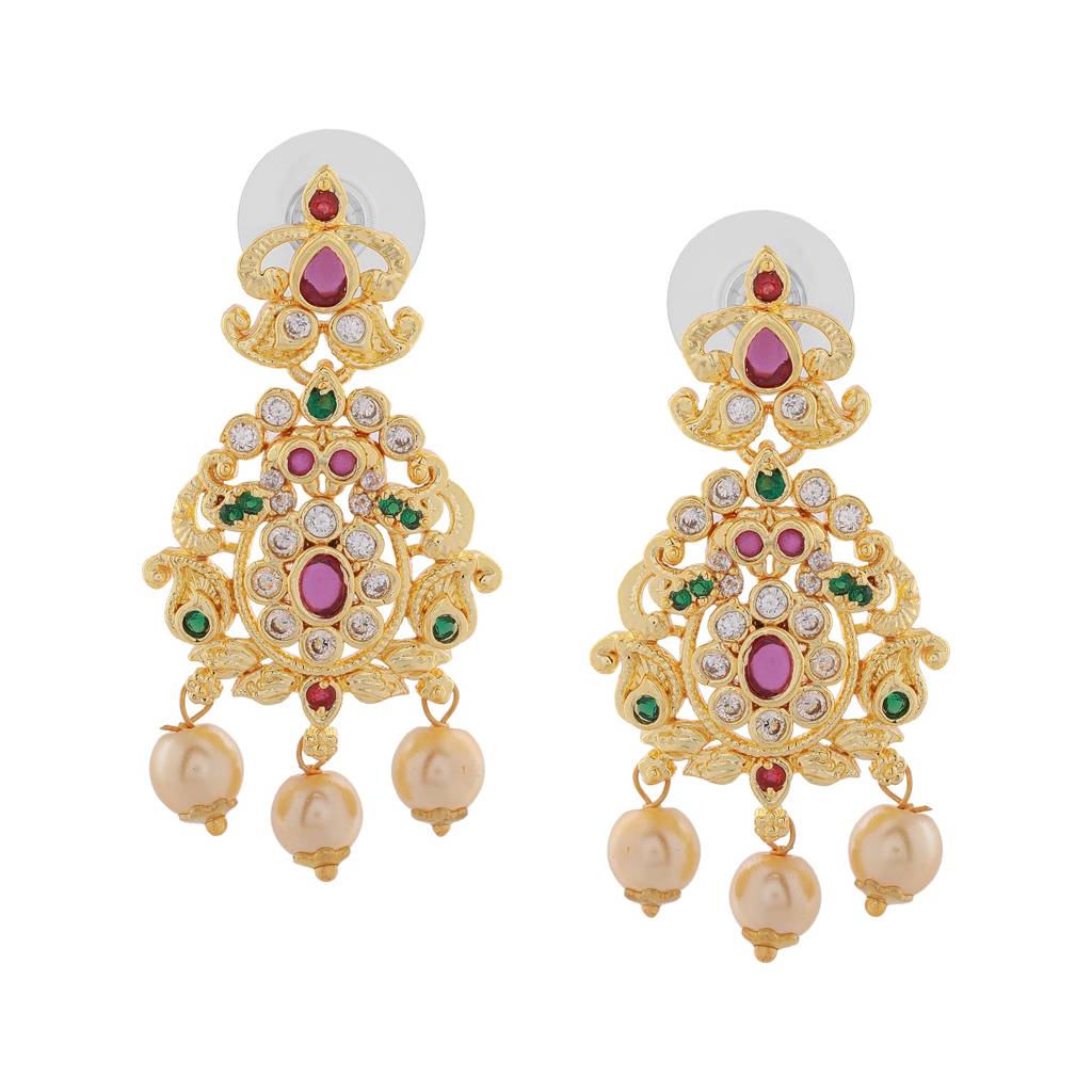 Estele Gold Plated Cz Ethnic Style Bridal Long Necklace Set With Pearls & Colored Stones For Women : AD-568-IGNKER