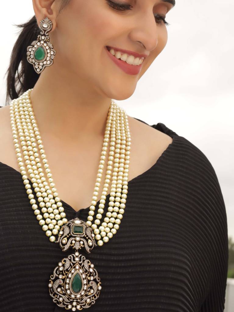 Pearl And Emerald Antique Finish Kundan Polki Long Necklace Haar : 500006