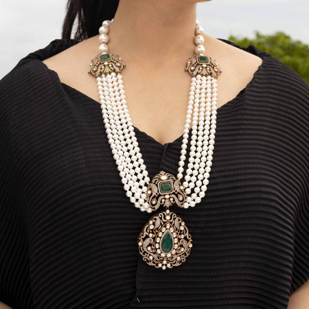 Pearl And Emerald Antique Finish Kundan Polki Long Necklace Haar : 500006