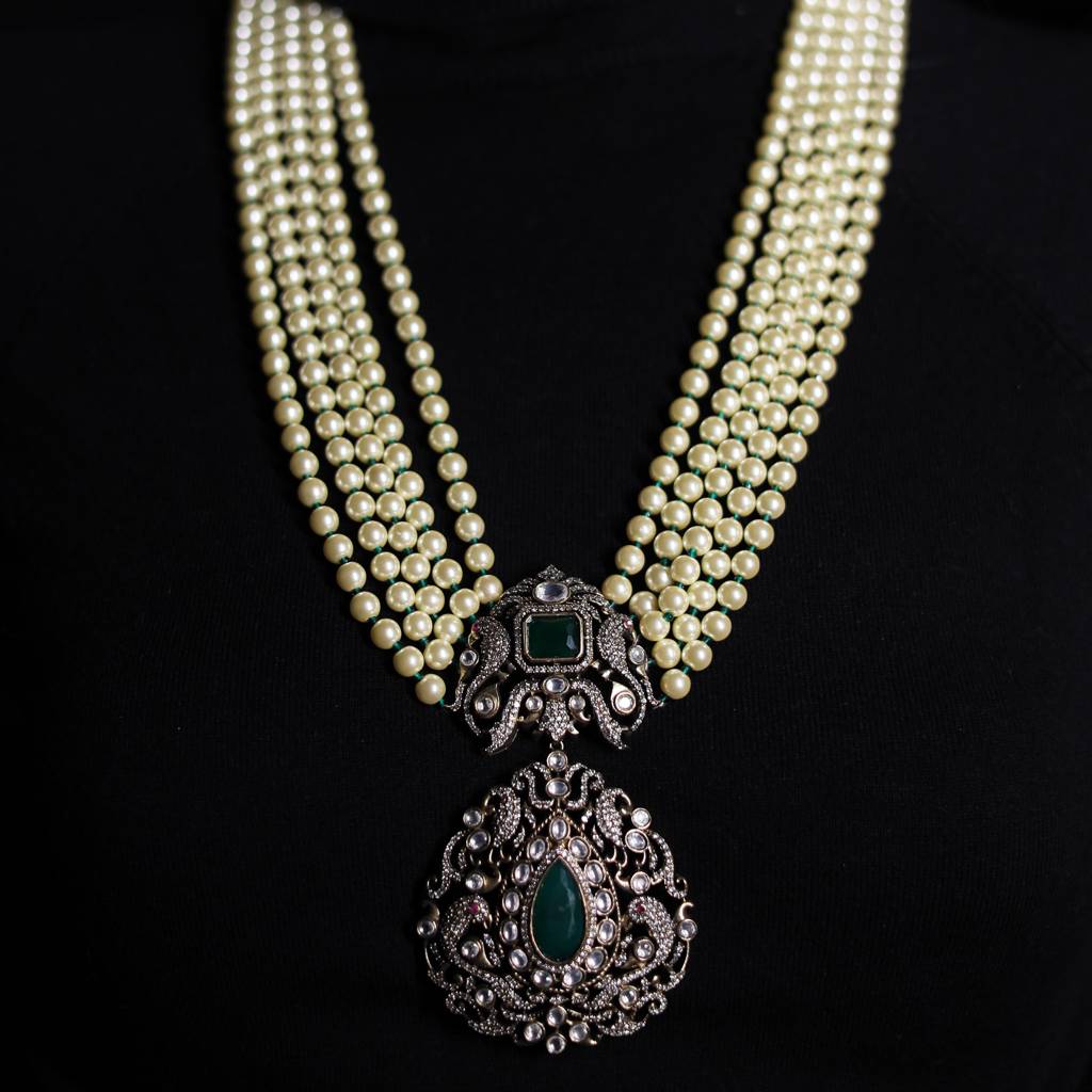 Pearl And Emerald Antique Finish Kundan Polki Long Necklace Haar : 500006