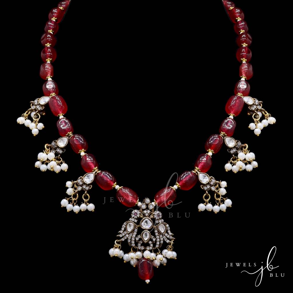 Antique Finish Temple Style Polki Ruby Gitanjali Necklace Set : 500014
