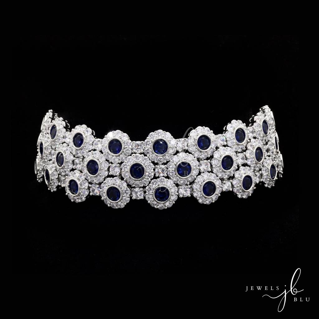 Blue Sapphire And Diamond Premium Party Choker Necklace Set With Earrings : 500020