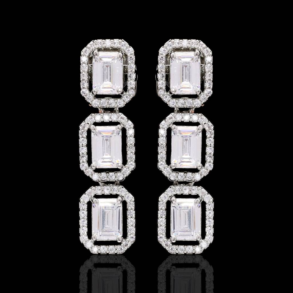 Emerald Cut Solitaire Single Line Necklace Set With Earrings : 500024