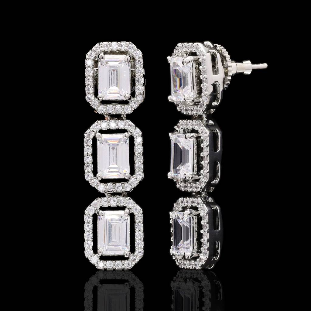 Emerald Cut Solitaire Single Line Necklace Set With Earrings : 500024